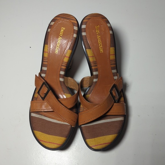 Enzo Angiolini Womens Strappy Wedge Cork Leather Sandals Platform 8.5M Brown Y2K - Picture 3 of 6